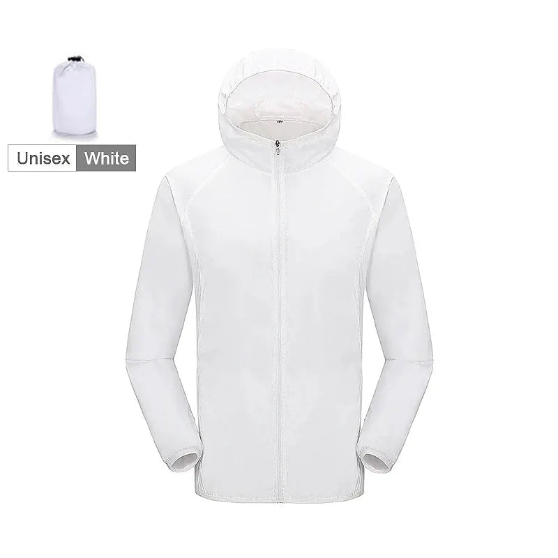 JNLN unisex white waterproof hiking jacket with hood, quick-dry windbreaker.