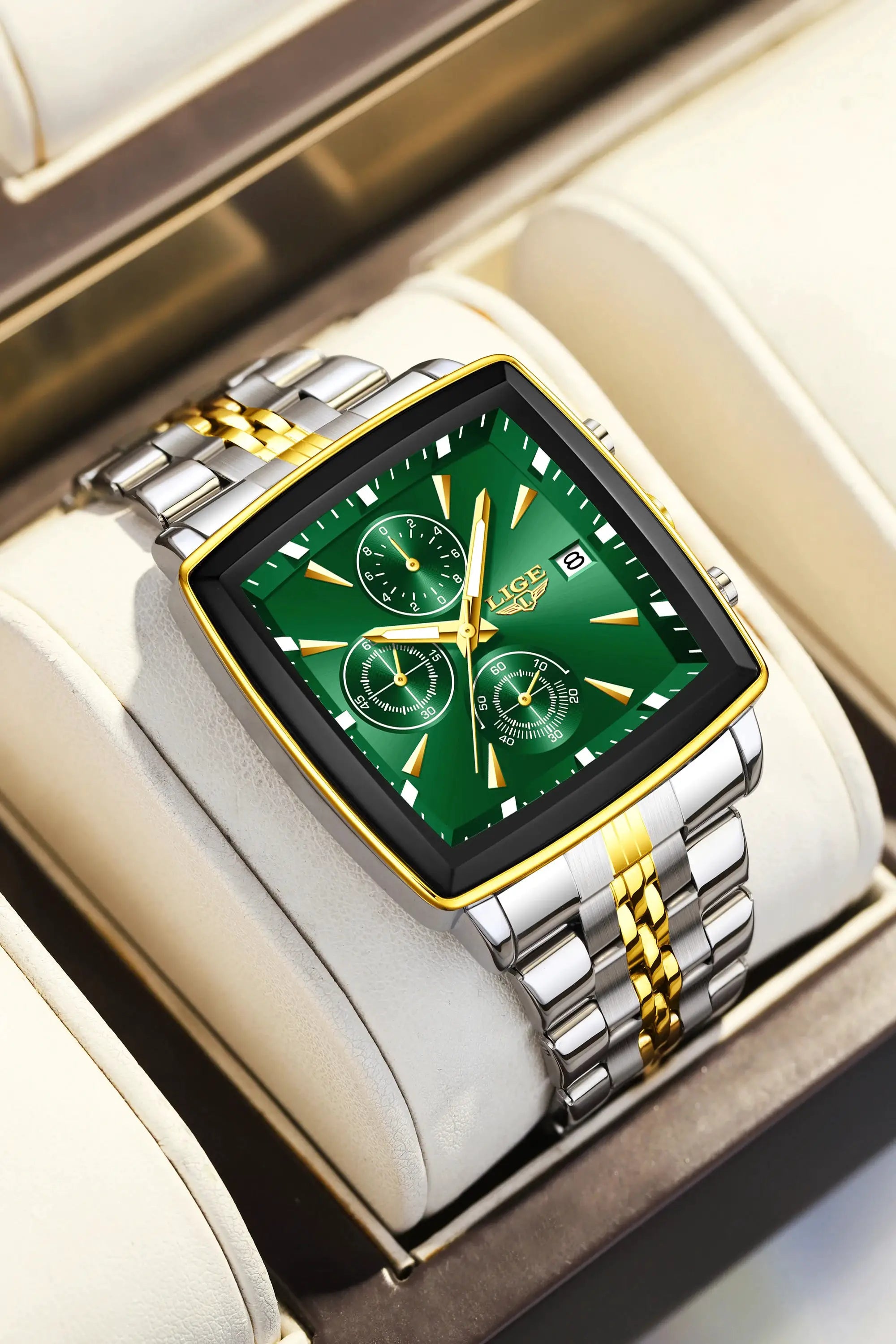 LIGE men's square-dial luxury chronograph watch with gold bezel, two-tone stainless steel bracelet, green dial, boxed