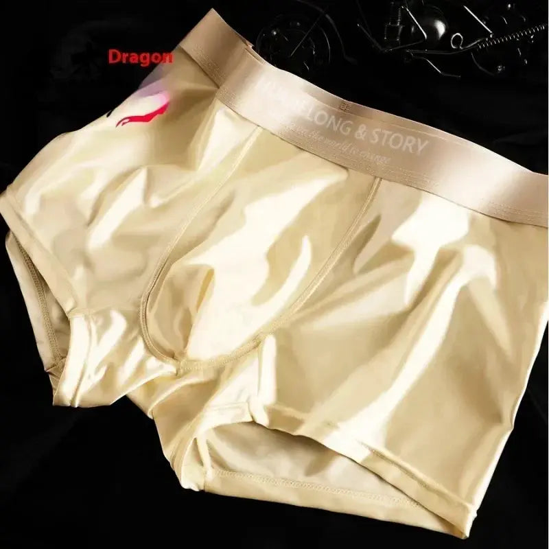 Beige men's satin-like ice-silk boxers with elastic waistband, Simples Market