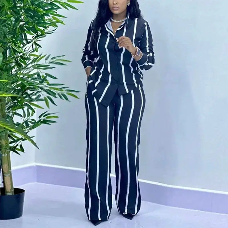 African Stripe Two Piece Set Women Spring Button Top Wide Leg Pants