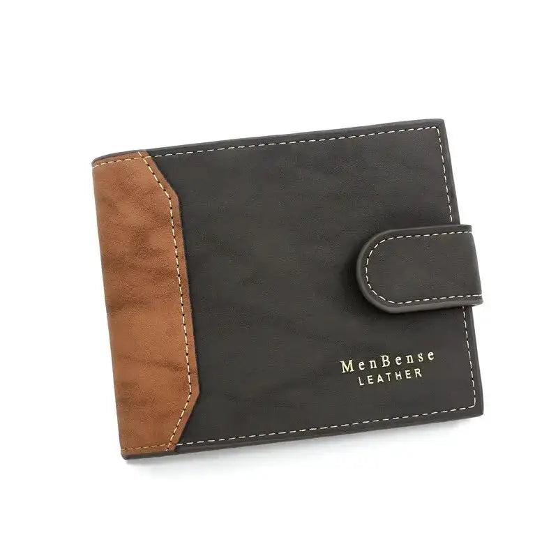 Men's PU leather wallet with snap strap, black body and brown accent panel