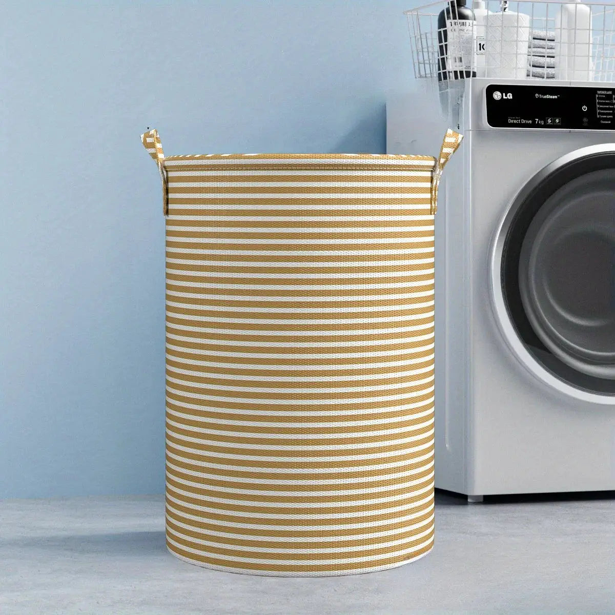 Simples Market foldable striped laundry basket in gold and white with handles.