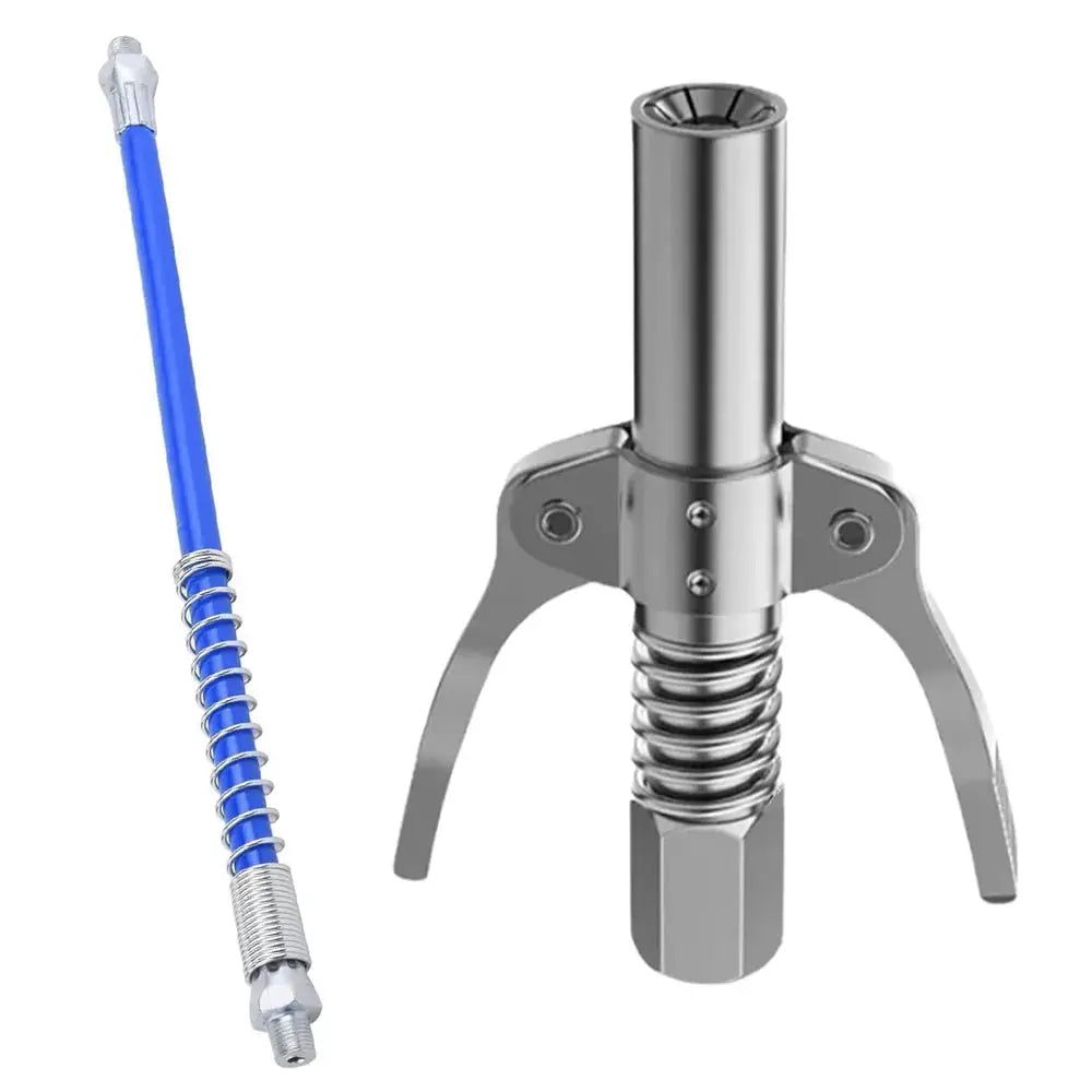 Grease gun coupler with blue flexible hose and quick-release nozzle, metal chrome finish (2-piece set)