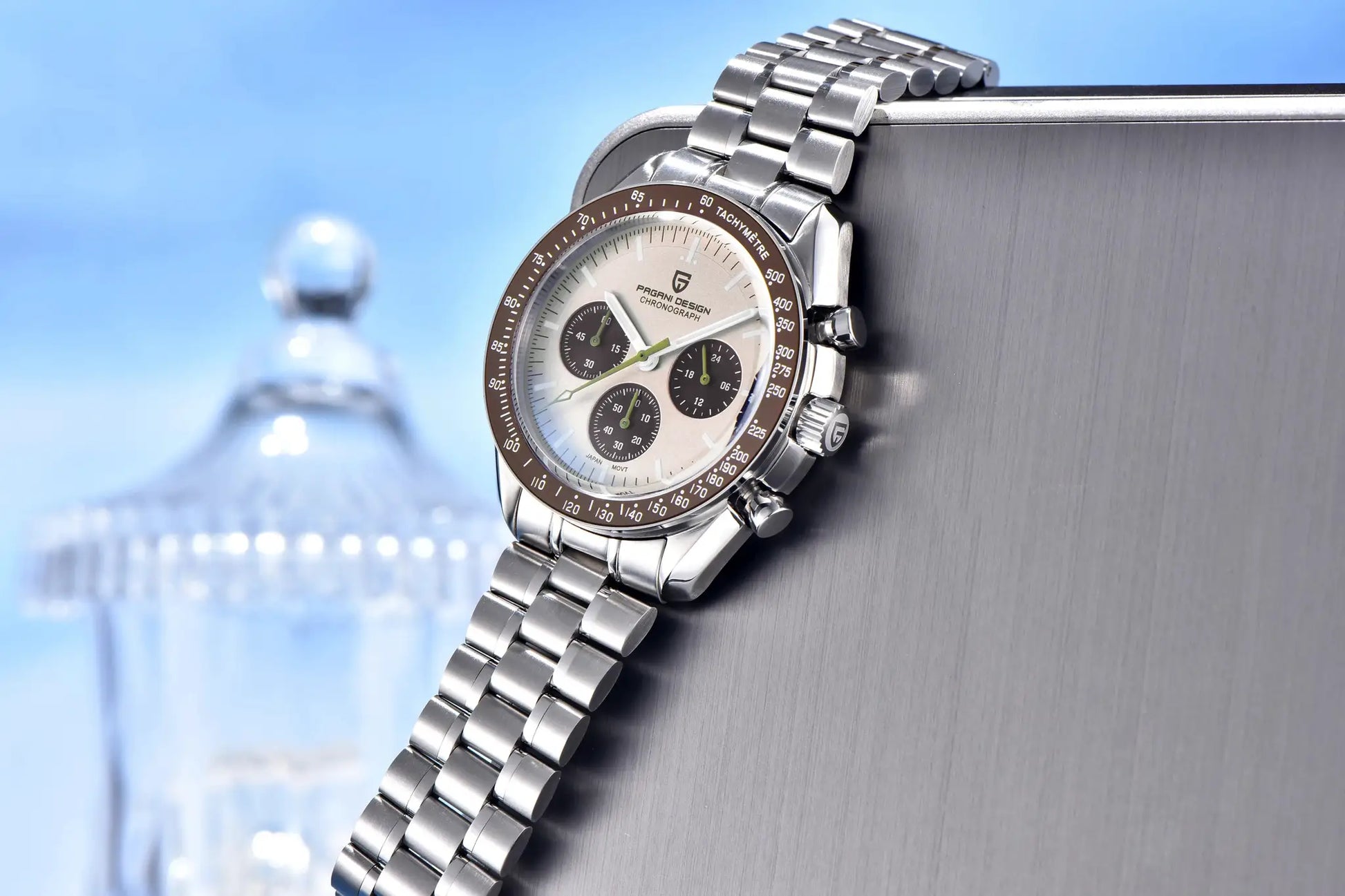 Pagani Design chronograph watch with stainless steel bracelet and tachymeter bezel
