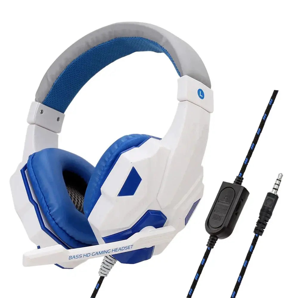 Simples Market wired gaming headset in white and blue with adjustable mic for PC/PS4/PS5/Xbox
