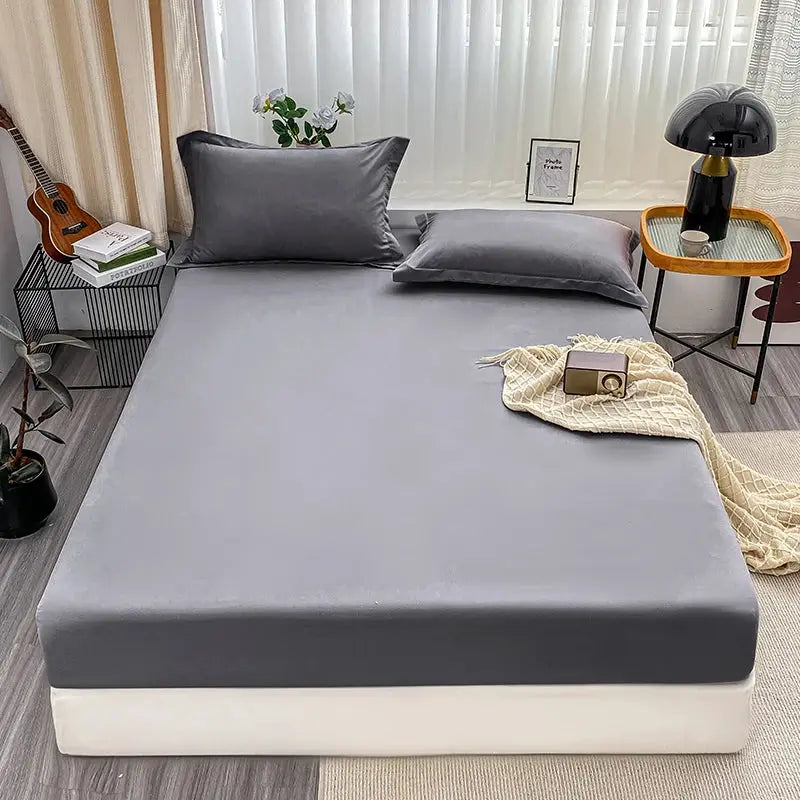 1pc fitted bed sheet with elastic band, solid gray anti-slip mattress cover for single, double, queen, or king beds