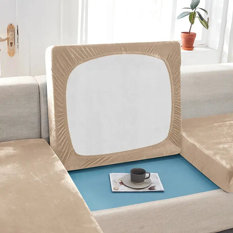 Beige plush sofa slipcover with anti-slip elastic edge to protect and refresh living room furniture