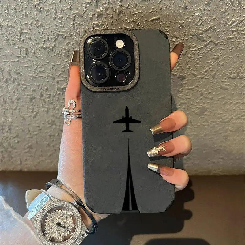 Luxury matte black leather silicone iPhone case with airplane graphic and camera lens protection