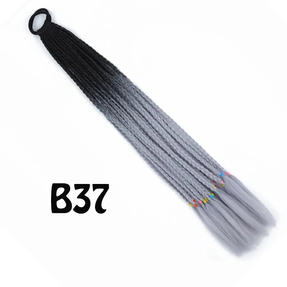 Simples Market synthetic gradient braided ponytail extension, 24-inch, black-to-gray with colorful bead tips
