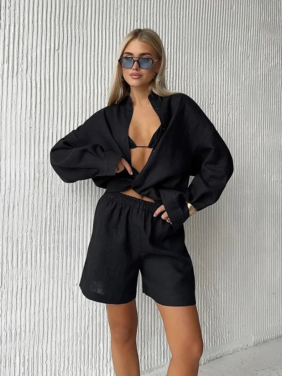 Bornladies Cotton Shorts Set Lapel Long Sleeve Shirt Elastic Waist