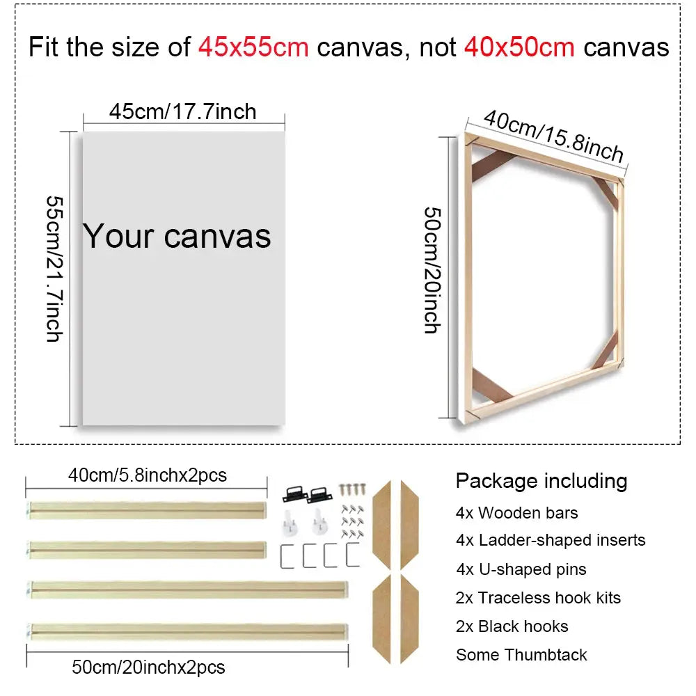 Canvas frame set in natural wood by Simples Market for 45x55 cm canvases; includes bars and mounting hardware
