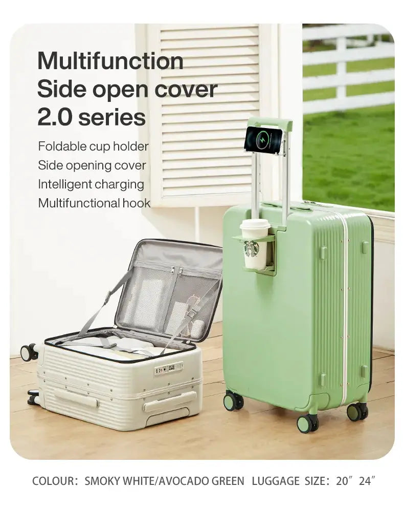 Mixi aluminum-frame carry-on luggage set, 2 pieces, avocado green and smoky white with USB port and cup/phone holder
