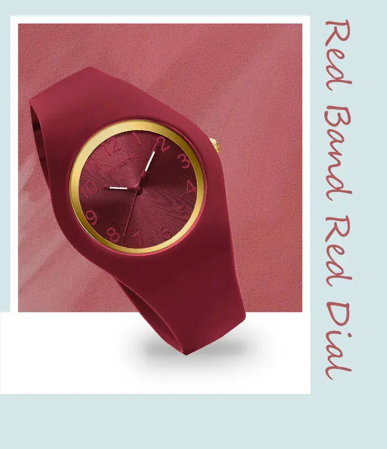 SANDA 6186 unisex quartz wristwatch with red silicone strap, red dial and gold bezel.