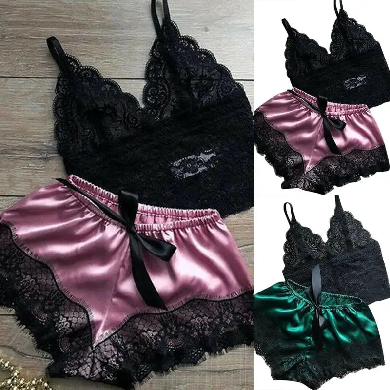 LaceLuxe Womens Lace Sleepwear Set Delicate Lace Top With Satin Shorts Babydoll Nightwear Comfort