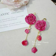 Immortal rose long earrings with real pink rose petals, epoxy resin, gold chain with pearls, pair