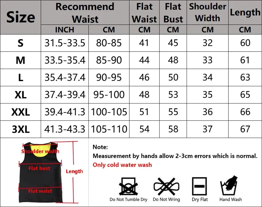 Simples Market men's slimming body shaper vest in black with size chart and shoulder width, bust, waist, length measurements.