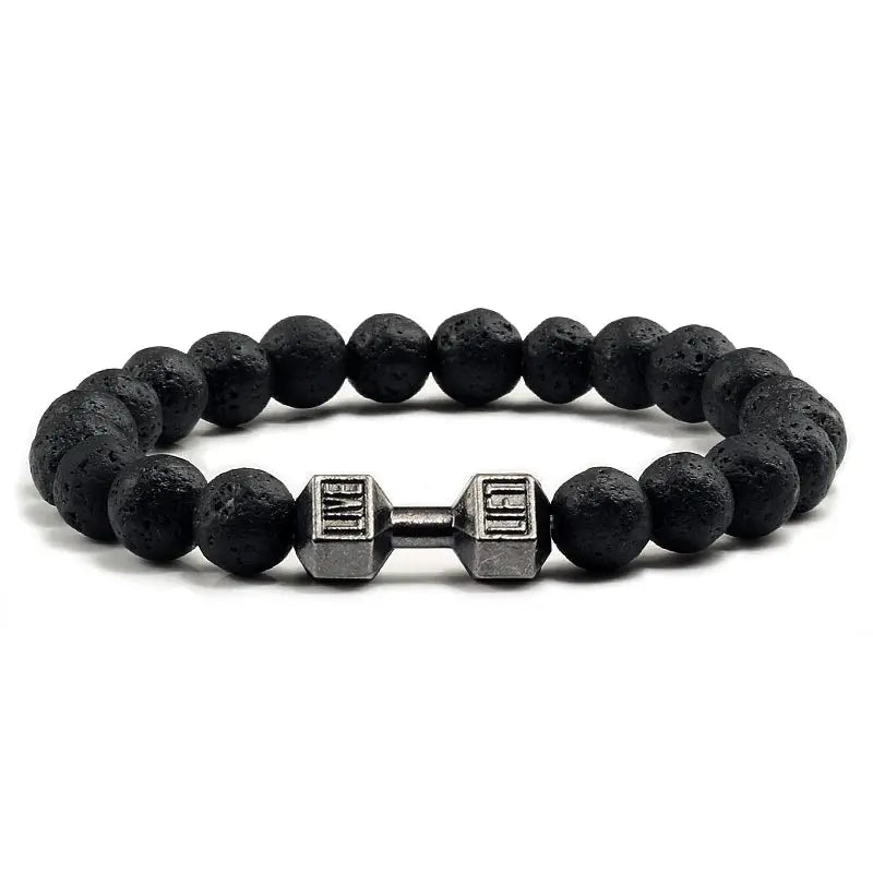 Natural Volcanic Stone Bracelet For Men And Women Matte Black Lava White Beads Dumbbell Charm Strand Fitness Jewelry