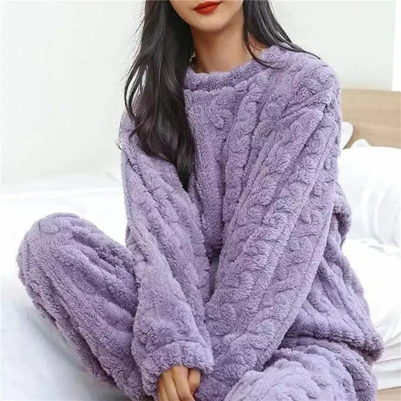 VelvetLuxe Soft Coral Velvet Jacquard Pajama Set With Ultra Warm Fleece Lining For Women Winter Comfort