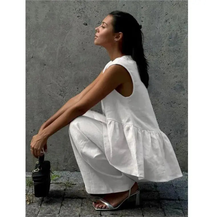 Women Sleeveless V Neck Top Two Piece Summer Set With Straight Pants