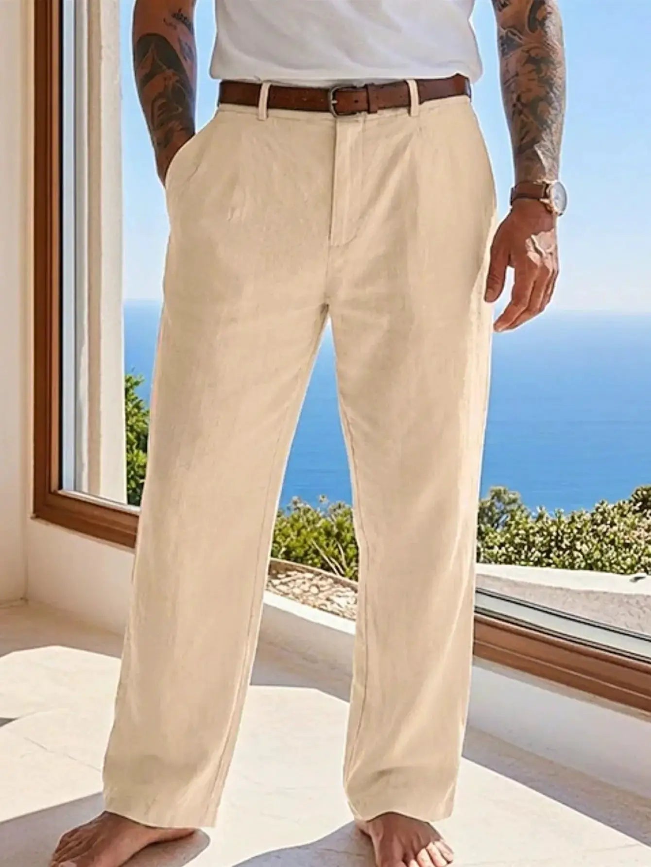 Men's beige cotton-linen pants, loose-fit long trousers with brown belt; breathable solid color