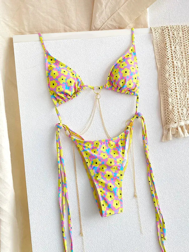 Simples Market floral triangle bikini set with chain accents, bright yellow flowers on pink and blue.