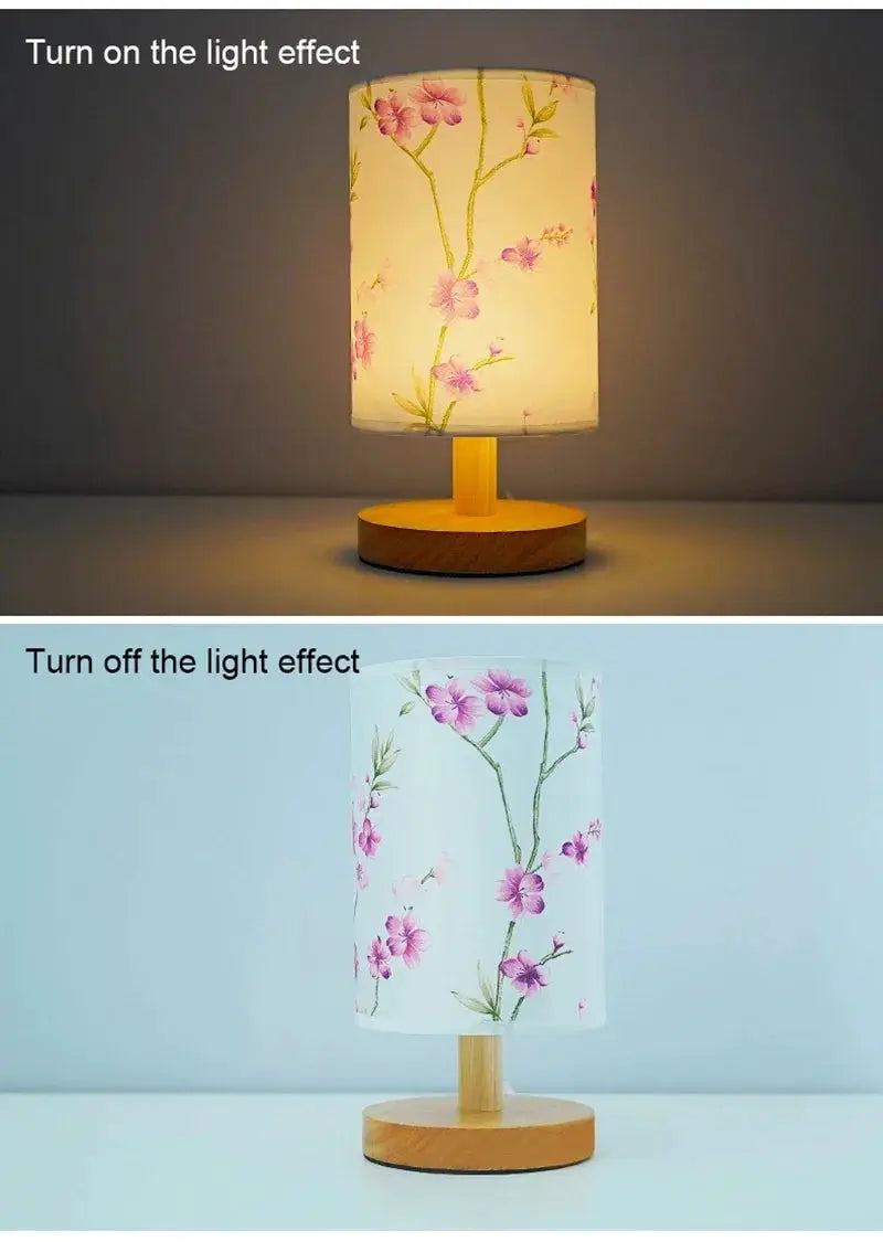 Simples Market LED table lamp with Chinese-style plum blossom fabric shade, wooden base, dimmable EU plug bedside light