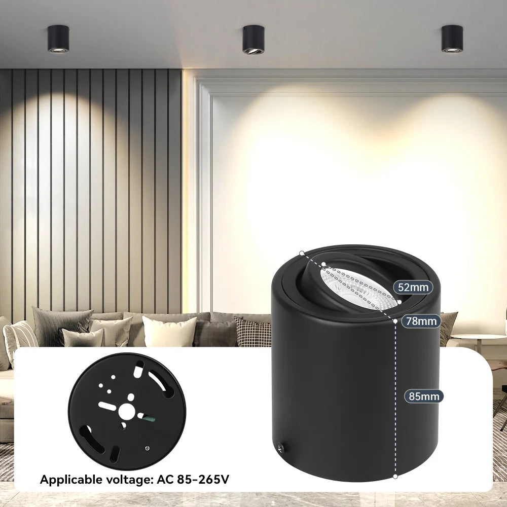 Replaceable-bulb GU10 LED downlight in black with adjustable reflector; AC 85–265V, 52/78/85mm