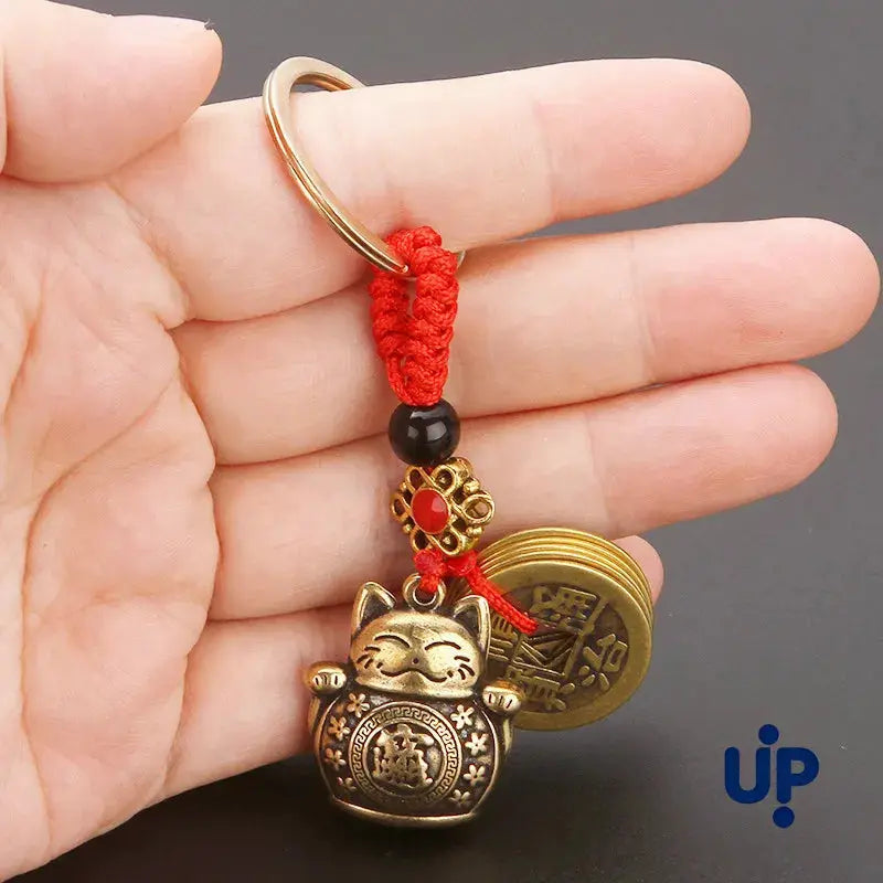 Vintage Pure Handmade Car Keychain Lucky Cat With Five Emperors Coins Maneki Neko Alloy Gold Tone Key Ring