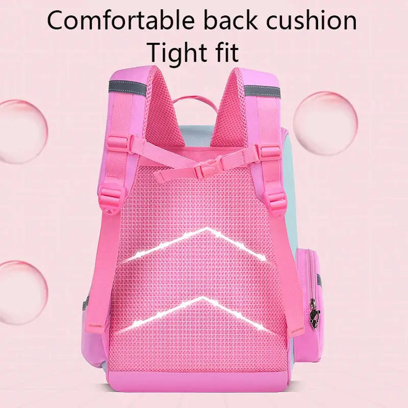 Pink kids' backpack for girls with large capacity, breathable back and side pocket for ages 2–16