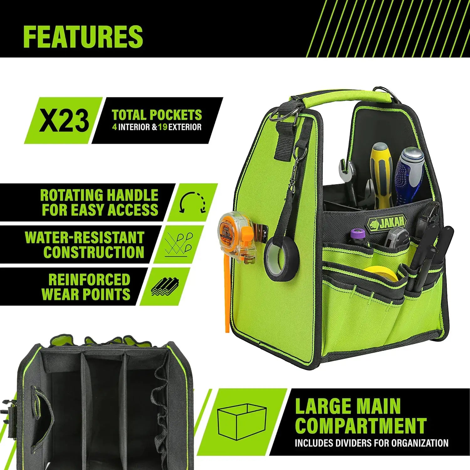 JAKAM tool tote in lime green and black with rotating handle and water-resistant construction