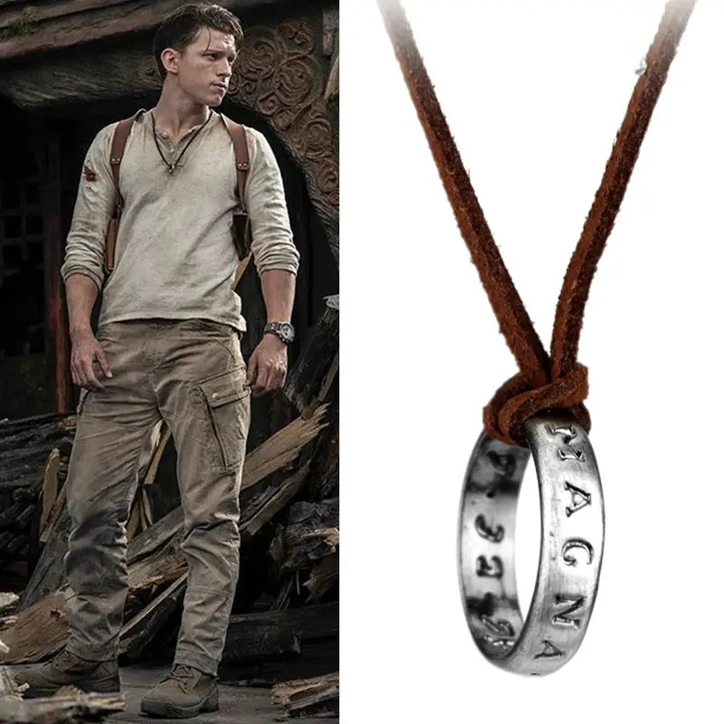 Uncharted 4 Nathan Drake Necklace Pendant Leather Chain Zinc Alloy Cosplay Jewelry Prop