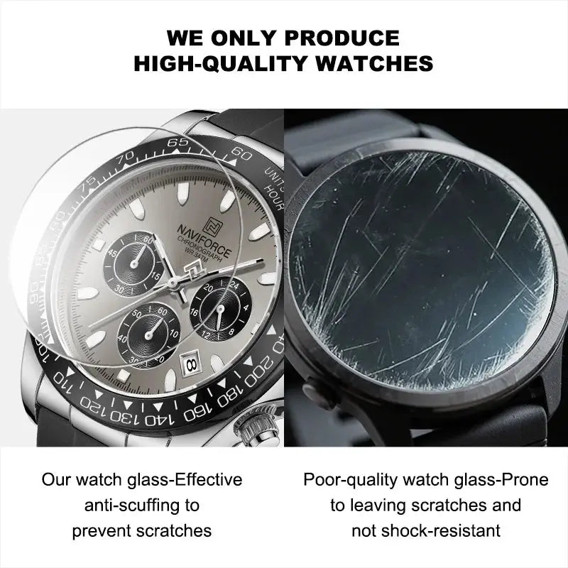 Naviforce men's chronograph watch with silicone strap; silver dial, black bezel, luminous hands, waterproof