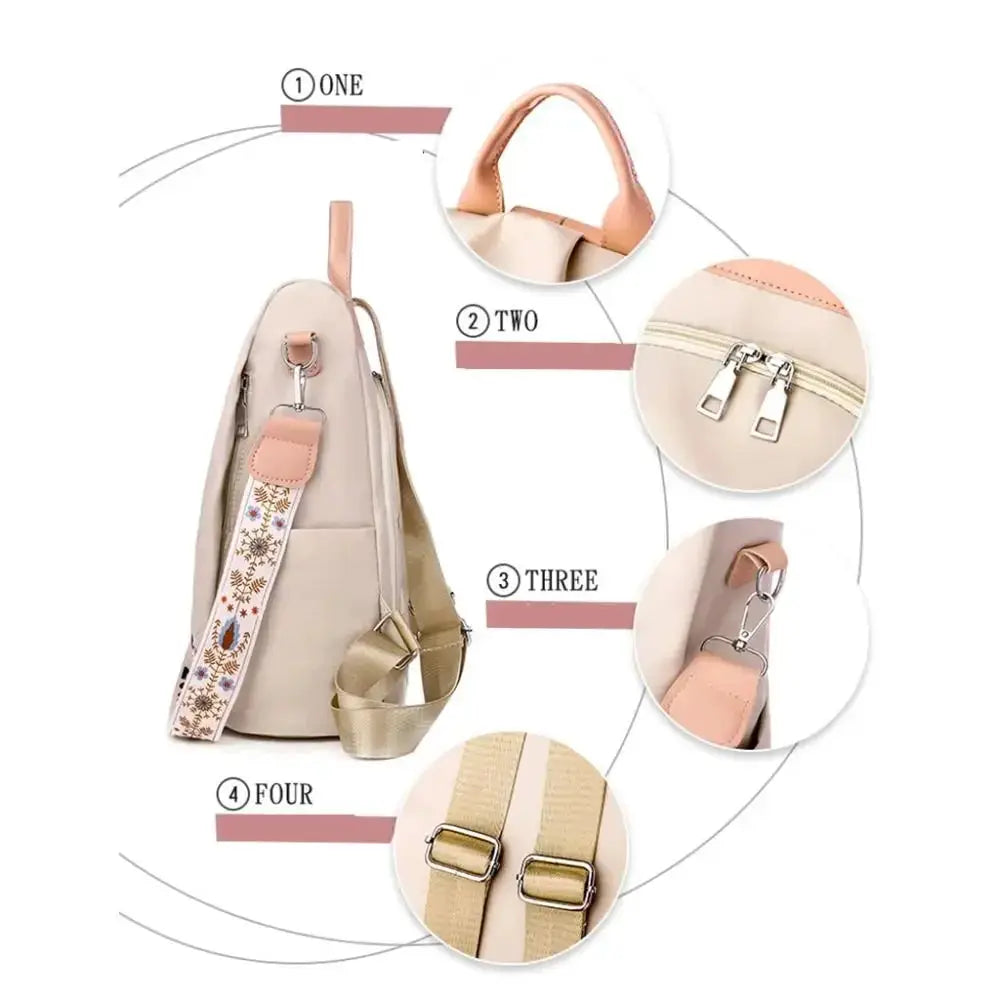 Simples Market waterproof Oxford women’s backpack in beige with peach accents and floral strap