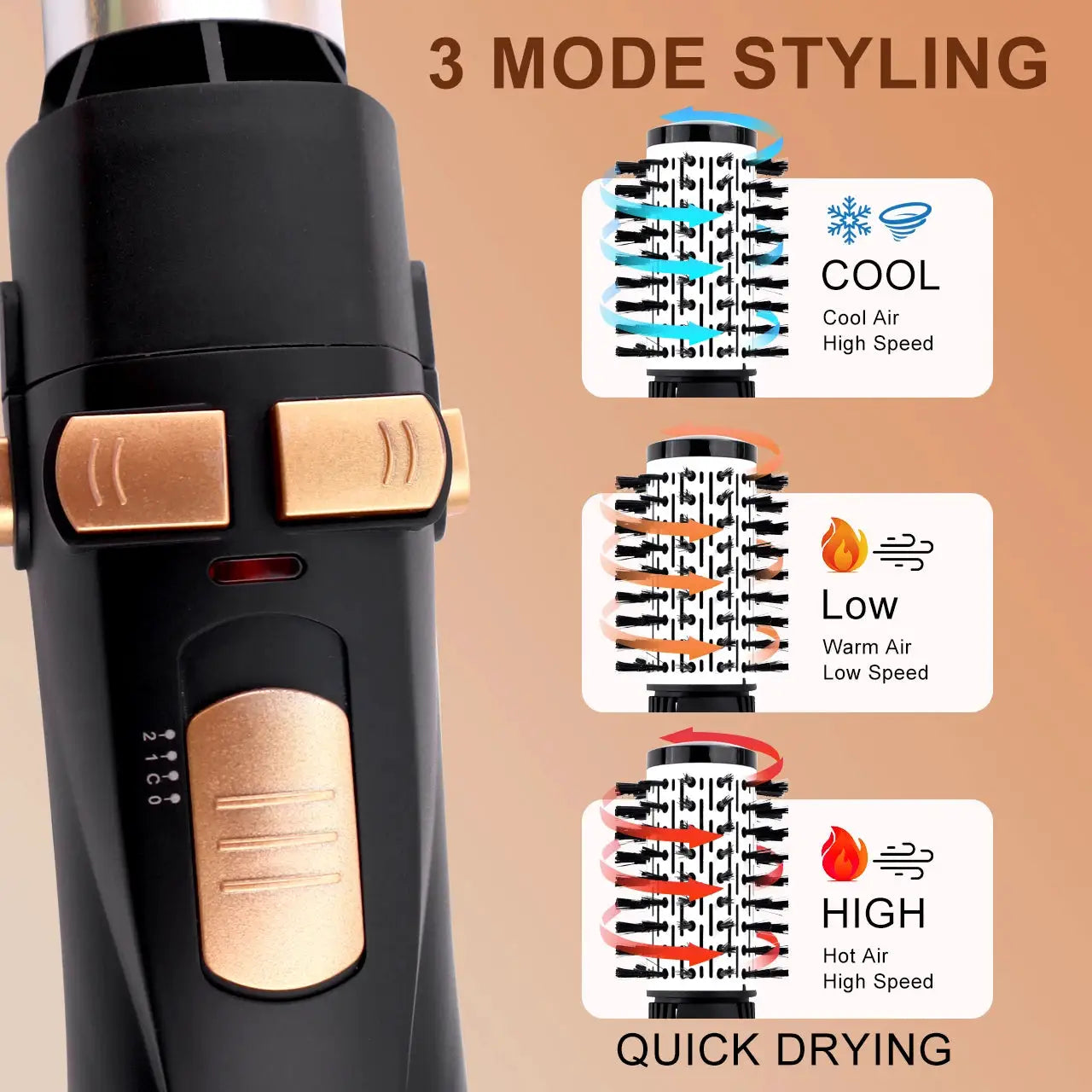 Hatteker EU 4-Head Hot Air Brush hair dryer; black body with copper controls and 3-mode styling