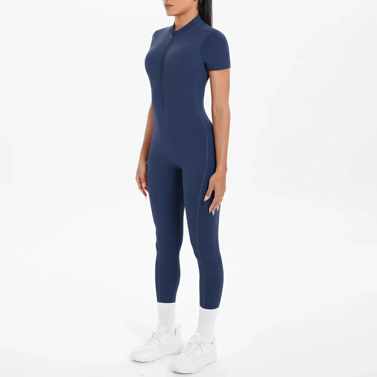 Simples Market navy blue women's short-sleeve fitness jumpsuit with front half-zip, one-piece gym yoga suit