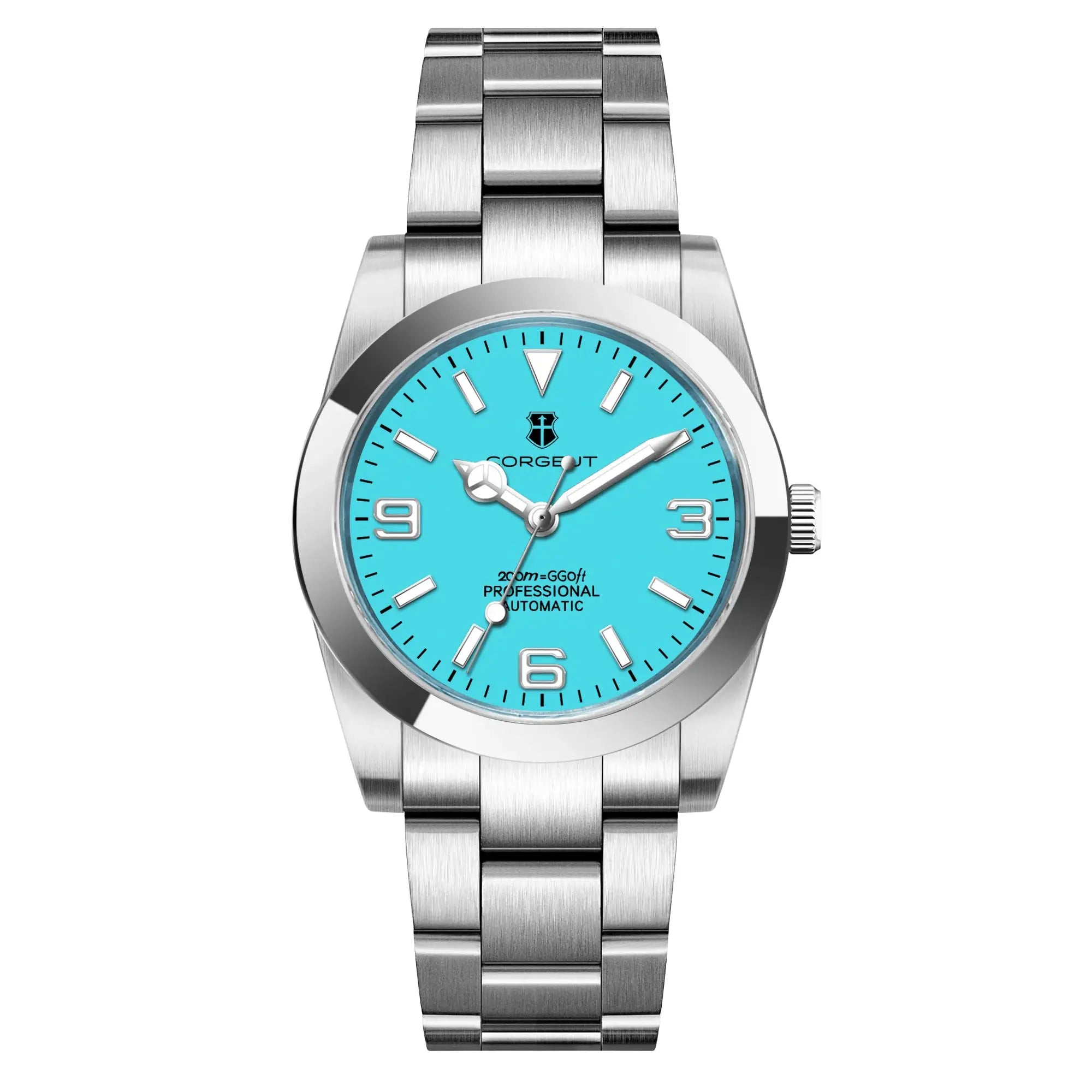 Corgeut stainless steel automatic wristwatch with turquoise dial, sapphire crystal, 10 bar water resistance