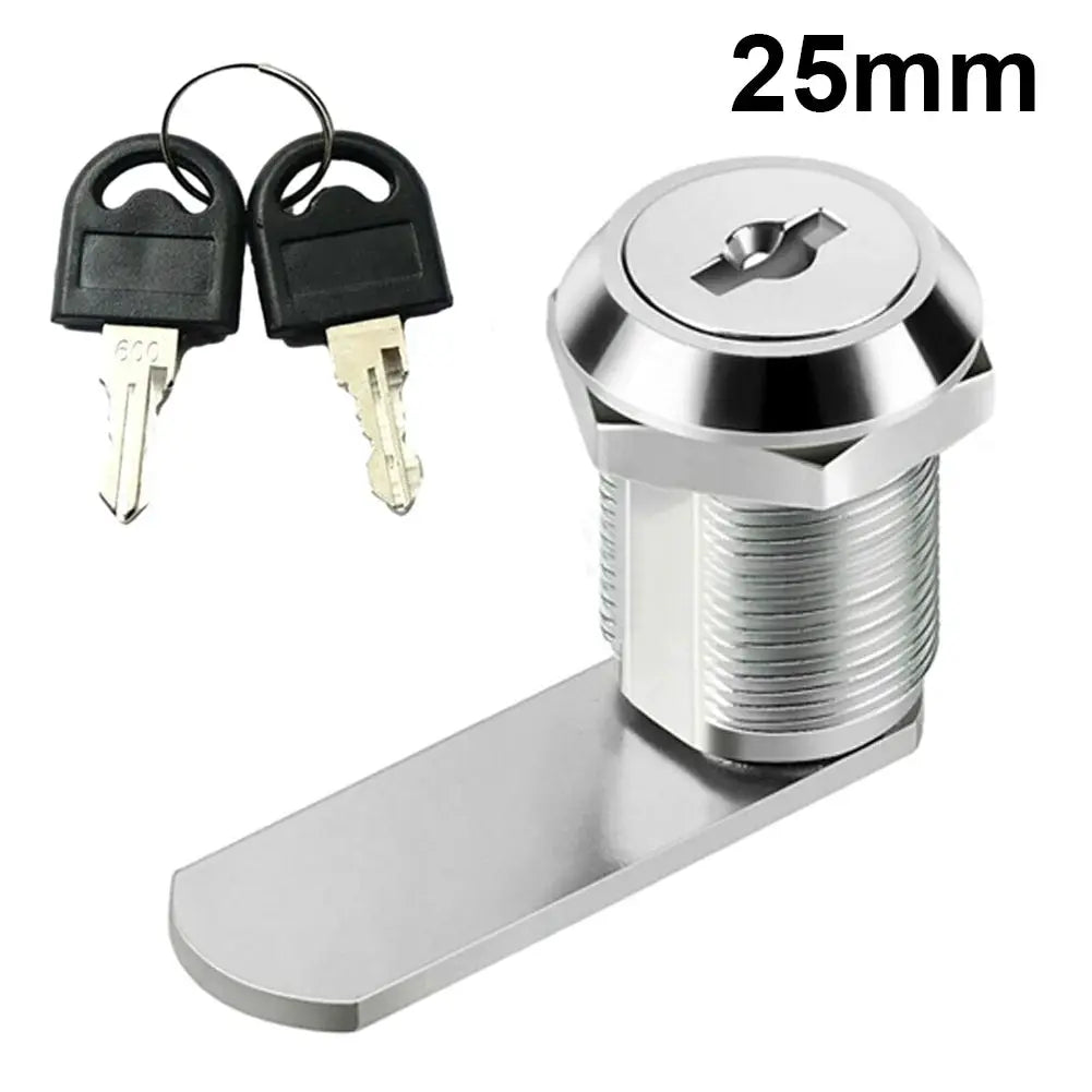 Cam lock for drawers and cabinets with 25mm chrome finish and long cam, includes 2 keys.