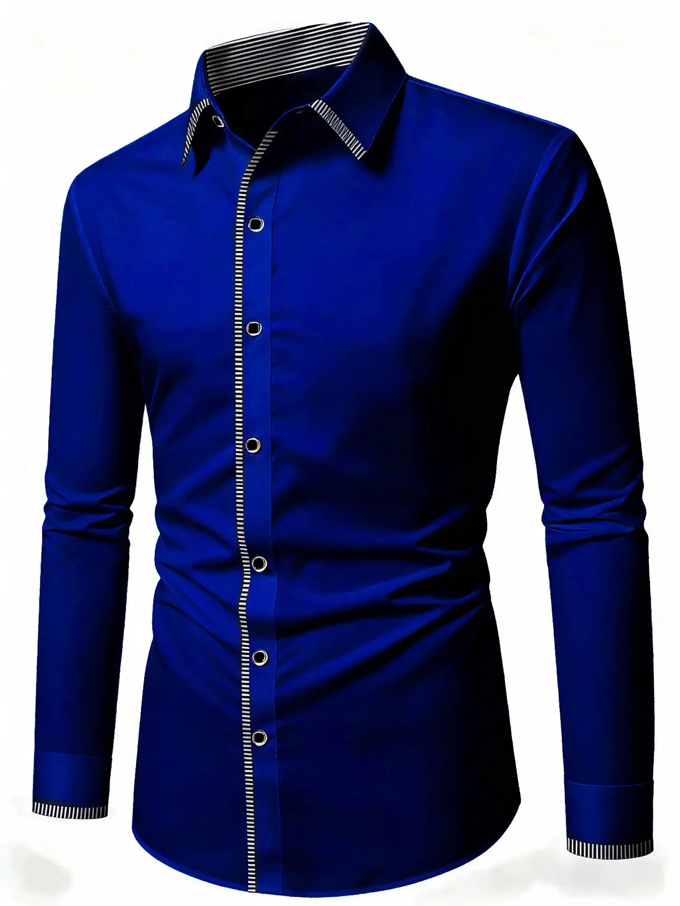 Simples Market blue long-sleeve dress shirt with black-and-white striped trim on placket and cuffs