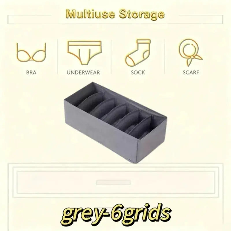 Simples Market grey 6-grid underwear drawer organizer for bras, underwear, and socks.