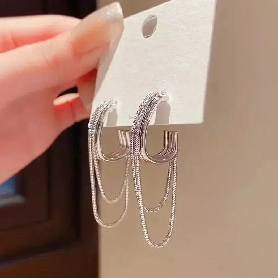 Exaggeration ocean-style shell texture earrings, silver tone with hanging chains, Simples Market