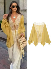 Simples Market TFMLN lace patchwork lantern long sleeve sheer blouse in yellow with lace trim and tie-front