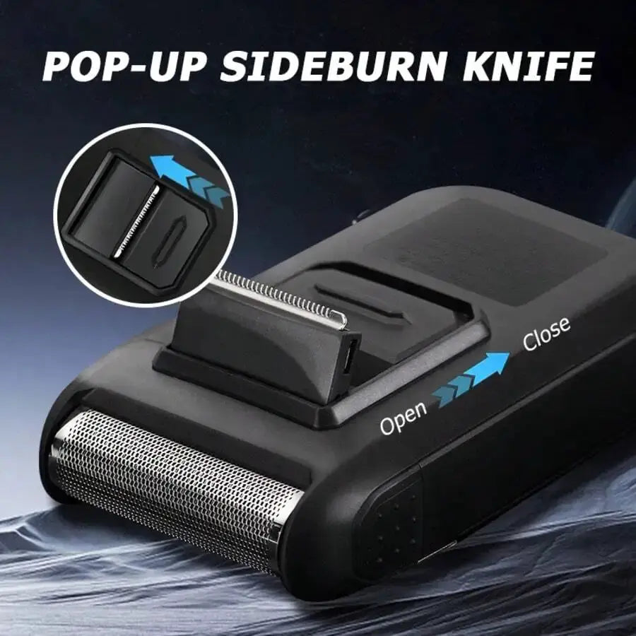 Simples Market cordless rechargeable electric foil shaver for men with pop-up sideburn knife, compact travel-friendly.