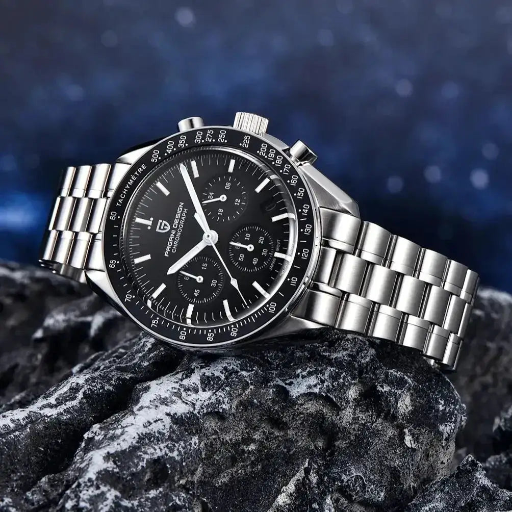 Pagani Design men's chronograph watch with stainless steel bracelet, black dial and tachymeter bezel.