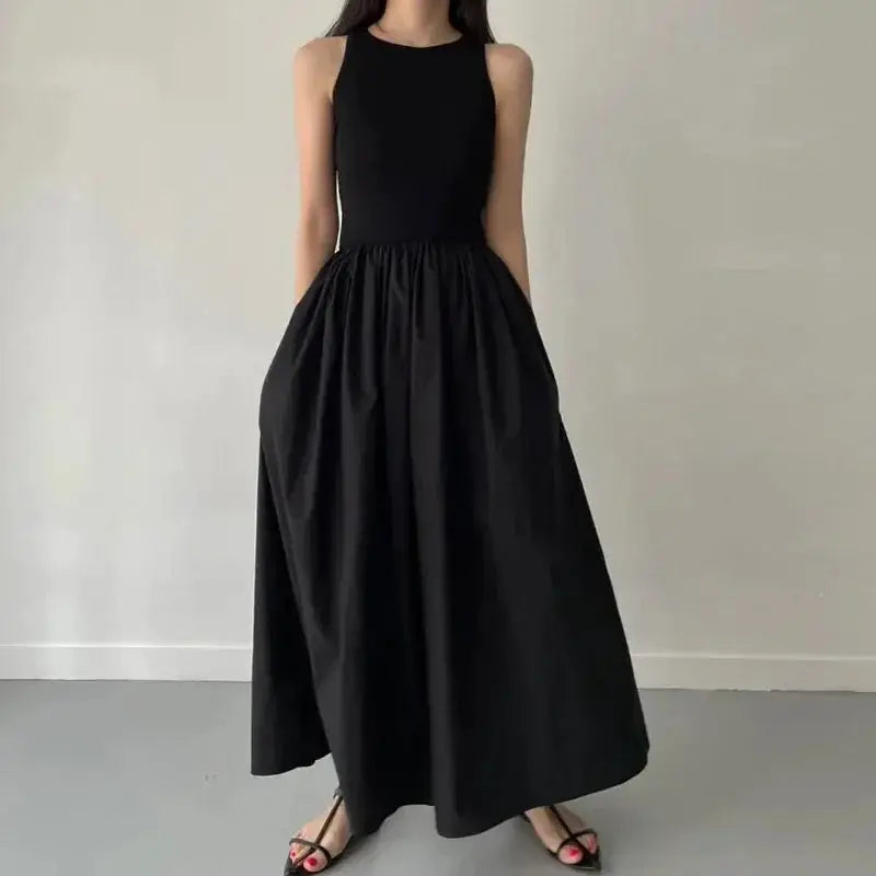 EleganceLane Black Round Neck Sleeveless Long Dress For Women High Waist Flattering Silhouette And Effortless Comfort
