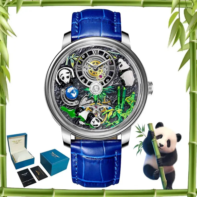 Panda Series mechanical men's wristwatch by Simples Market with blue leather strap and panda-bamboo skeleton dial