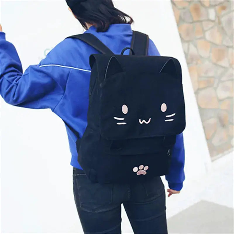 Cat-face backpack, black, Japanese Stupid Cute 3D design, large-capacity student bag