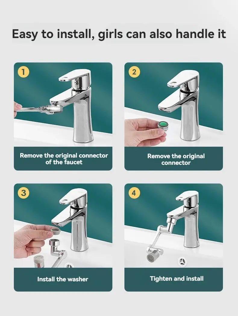Simples Market chrome universal faucet aerator kit with plastic splash filter; four-step install guide.