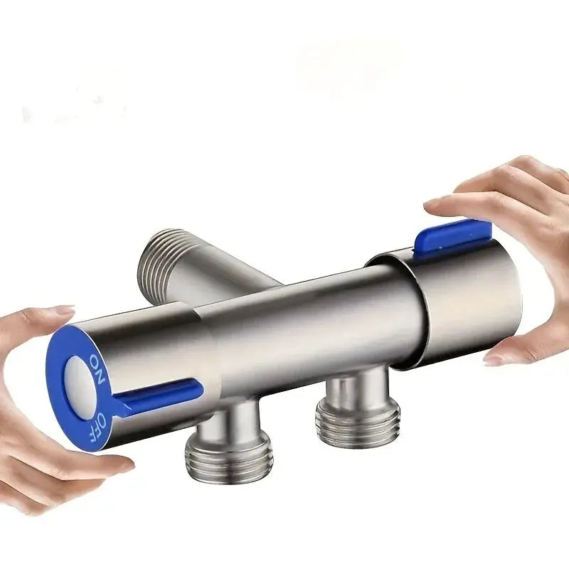 Angle valve by Simples Market, stainless steel with 1 inlet and 2 outlets, blue dual-control handles