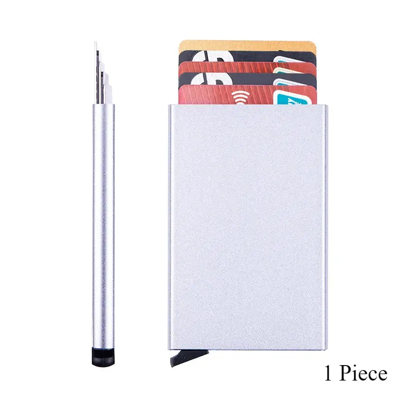 Metal RFID card holder wallet; silver slim minimalist pop-up card holder for men and women with multiple cards visible