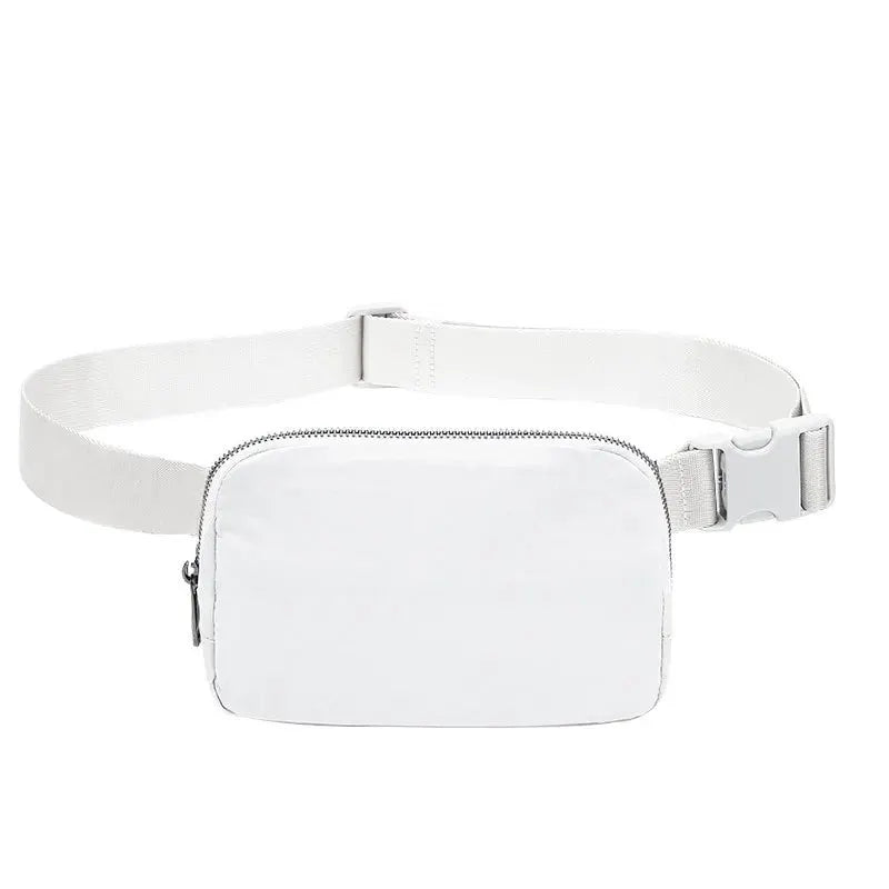 White waist bag with zipper, adjustable belt strap, and plastic buckle